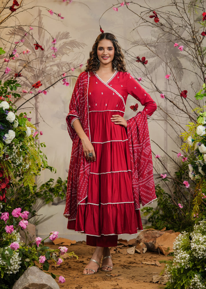 Moomal Red Solid Angrakha Kurti With Pant & Bandhej Dupatta