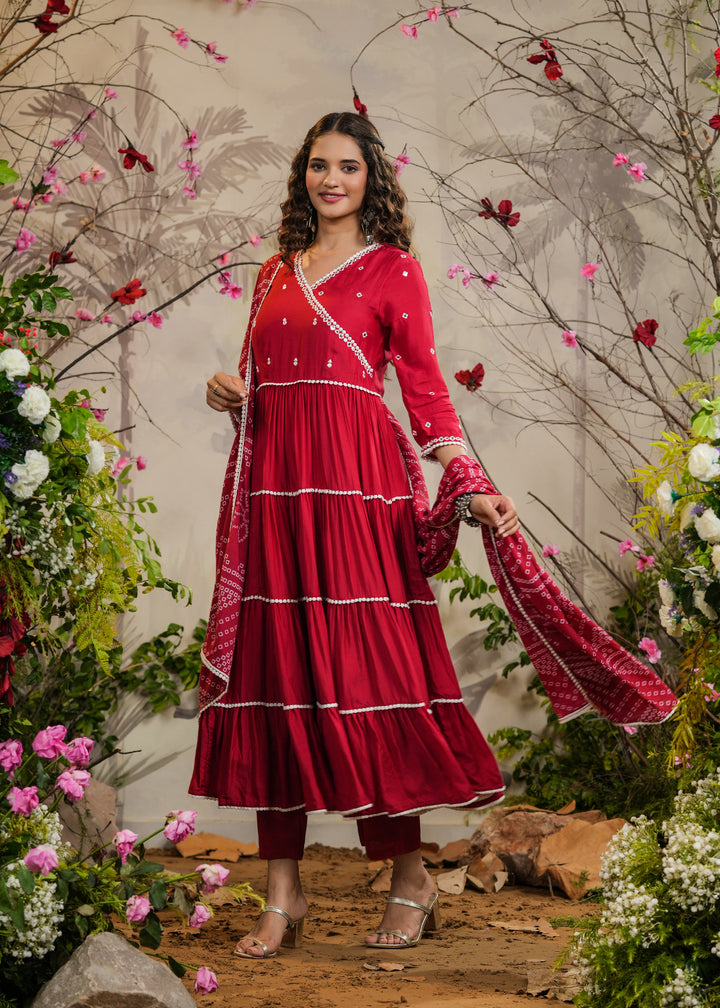 Moomal Red Solid Angrakha Kurti With Pant & Bandhej Dupatta