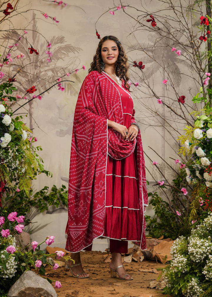 Moomal Red Solid Angrakha Kurti With Pant & Bandhej Dupatta