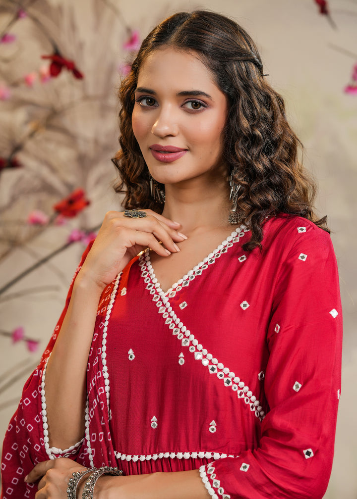 Moomal Red Solid Angrakha Kurti With Pant & Bandhej Dupatta