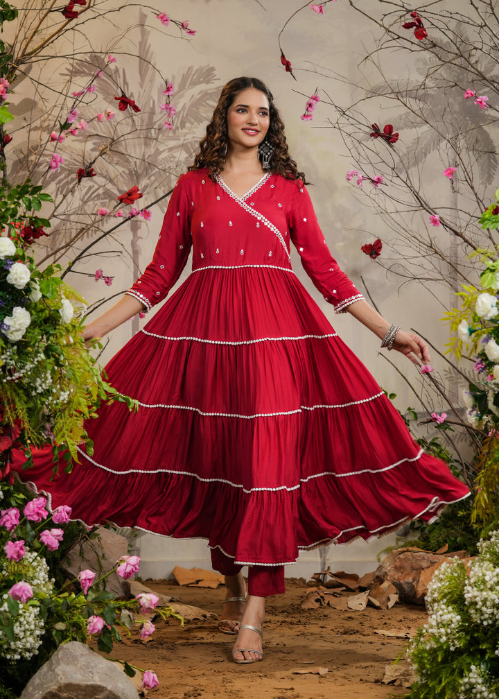 Moomal Red Solid Angrakha Kurti With Pant & Bandhej Dupatta