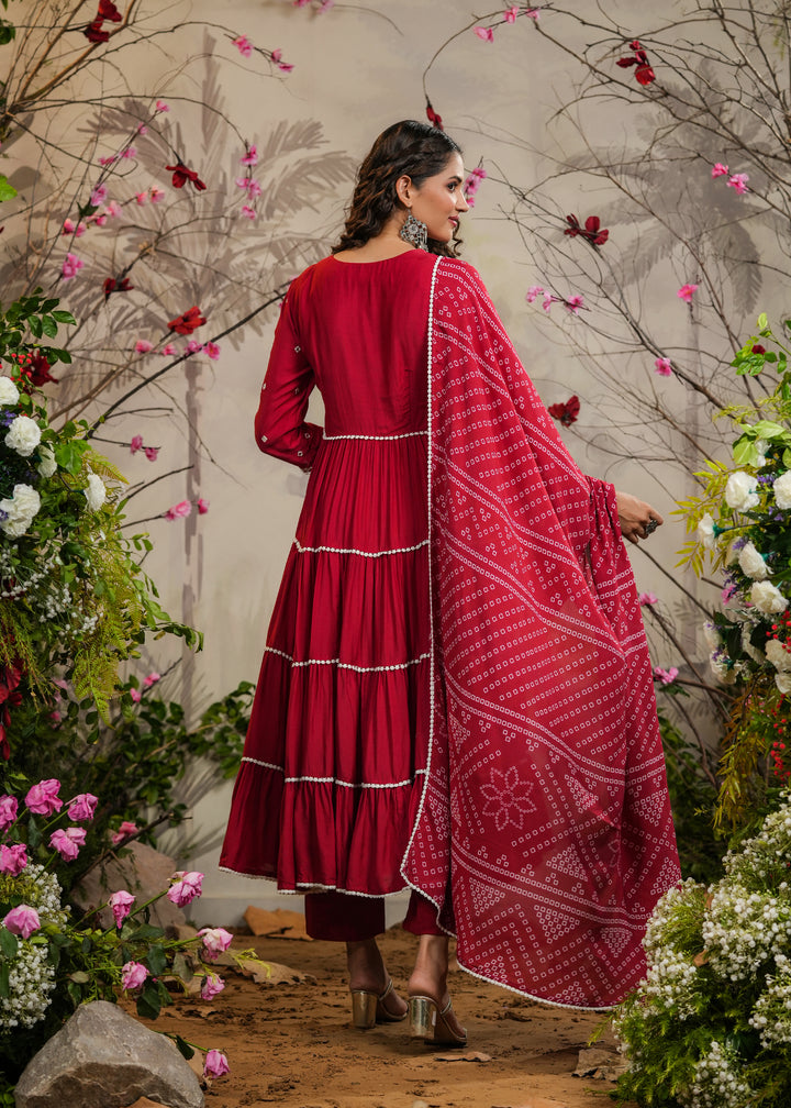 Moomal Red Solid Angrakha Kurti With Pant & Bandhej Dupatta