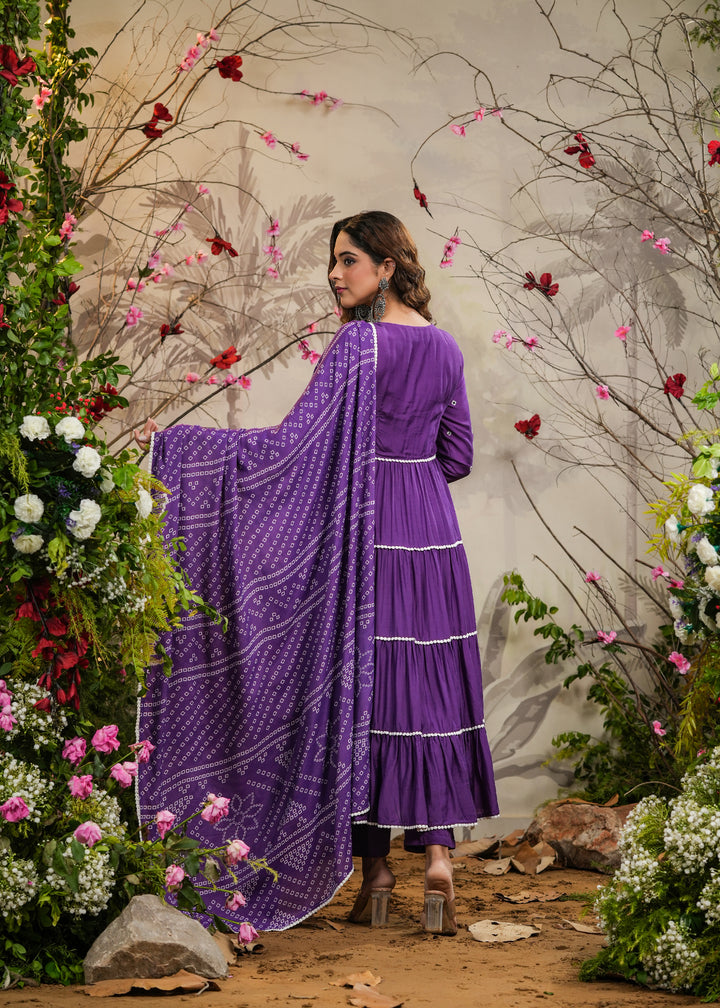 Farah Purple Solid Angrakha Kurti With Pant & Bandhej Dupatta