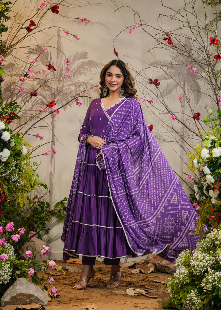 Farah Purple Solid Angrakha Kurti With Pant & Bandhej Dupatta