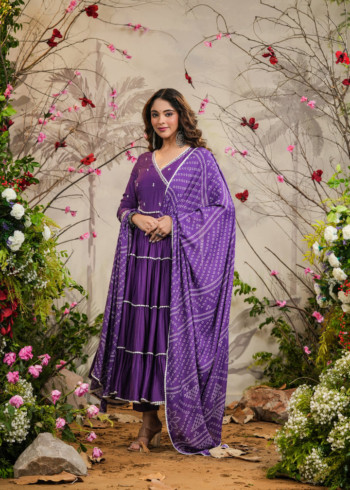 Farah Purple Solid Angrakha Kurti With Pant & Bandhej Dupatta