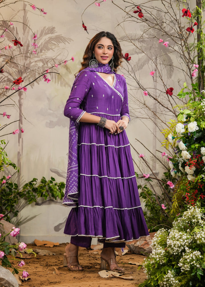 Farah Purple Solid Angrakha Kurti With Pant & Bandhej Dupatta