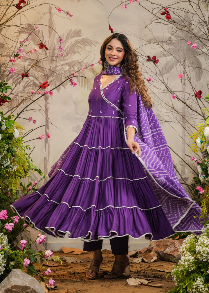 Farah Purple Solid Angrakha Kurti With Pant & Bandhej Dupatta