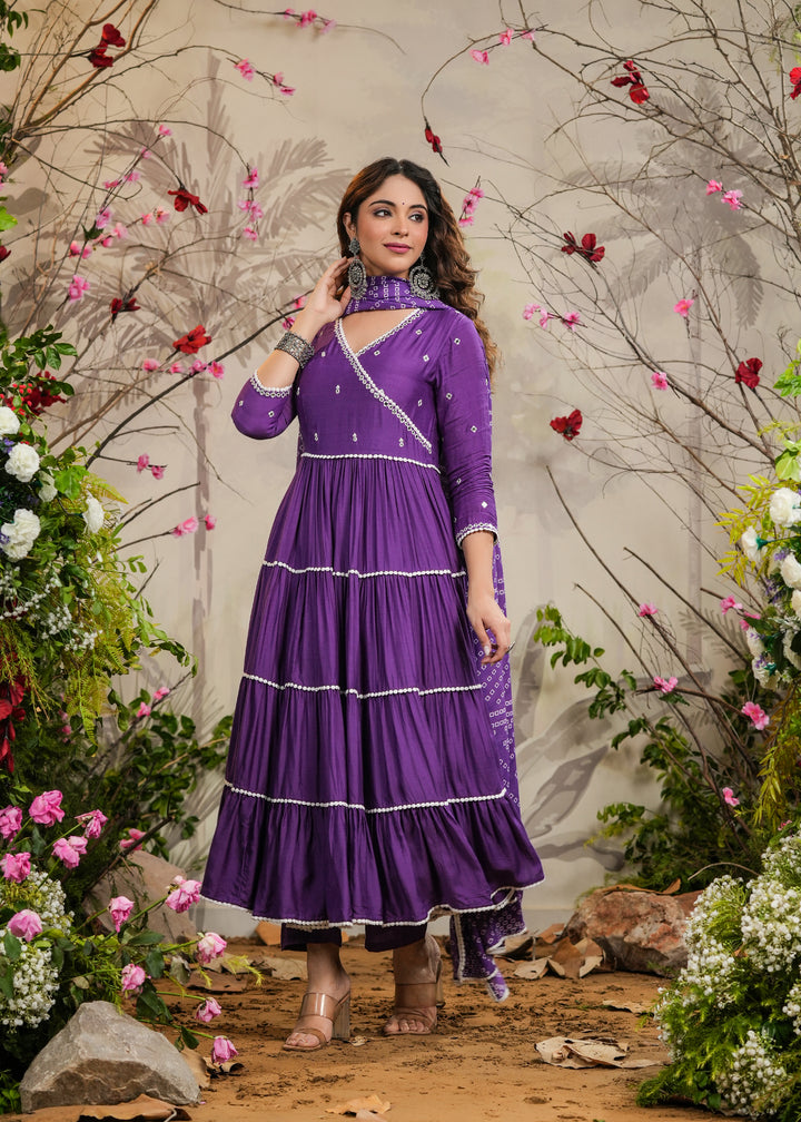 Farah Purple Solid Angrakha Kurti With Pant & Bandhej Dupatta