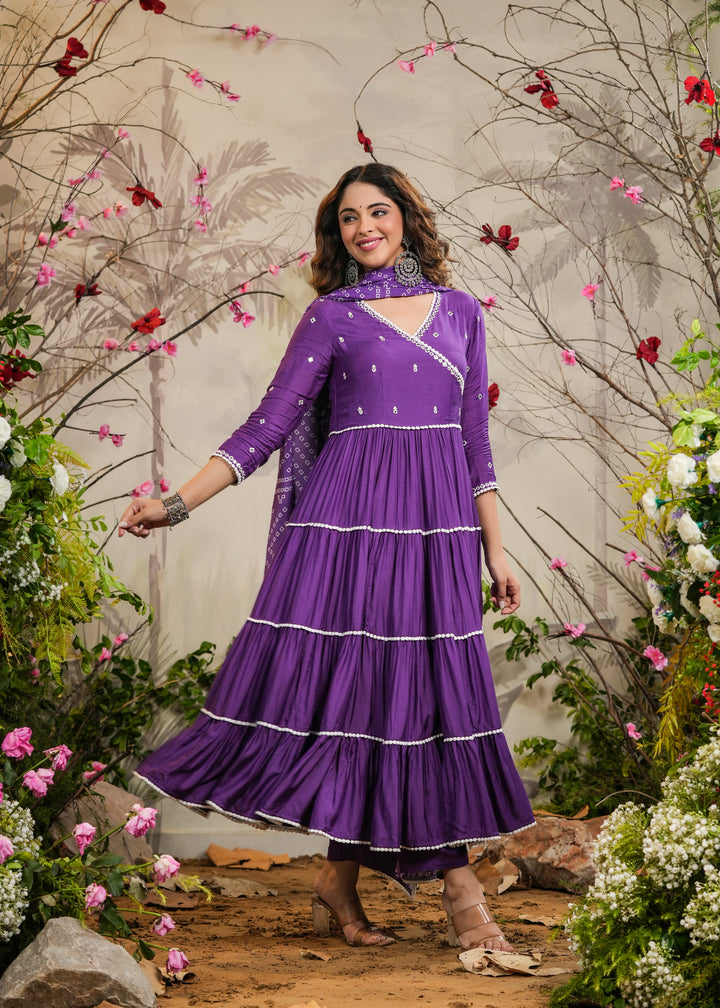 Farah Purple Solid Angrakha Kurti With Pant & Bandhej Dupatta