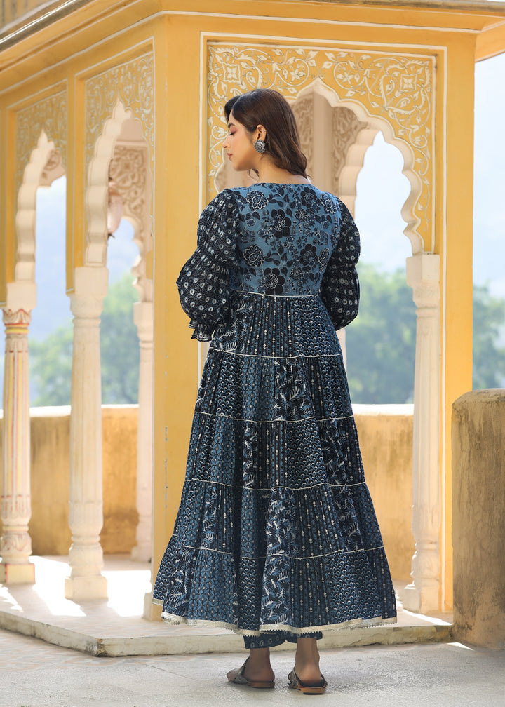 Navya  Printed Blue Angrakha Tiered Kurta With pant