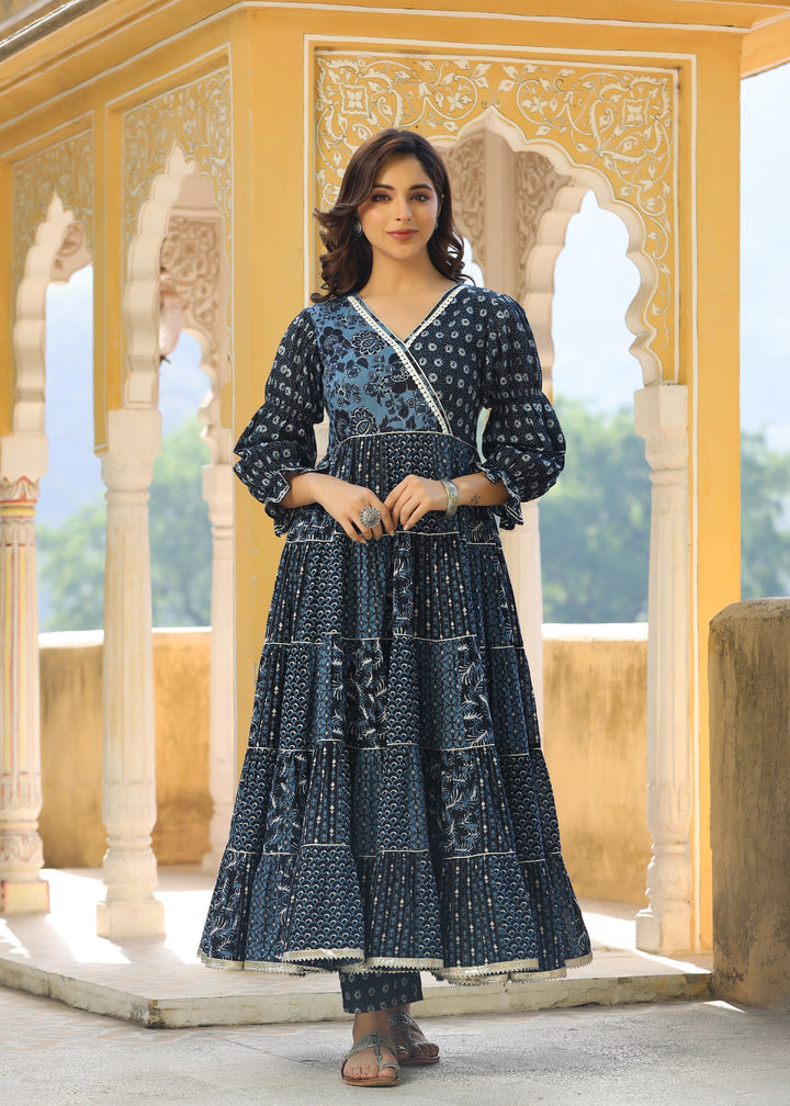 Navya  Printed Blue Angrakha Tiered Kurta With pant