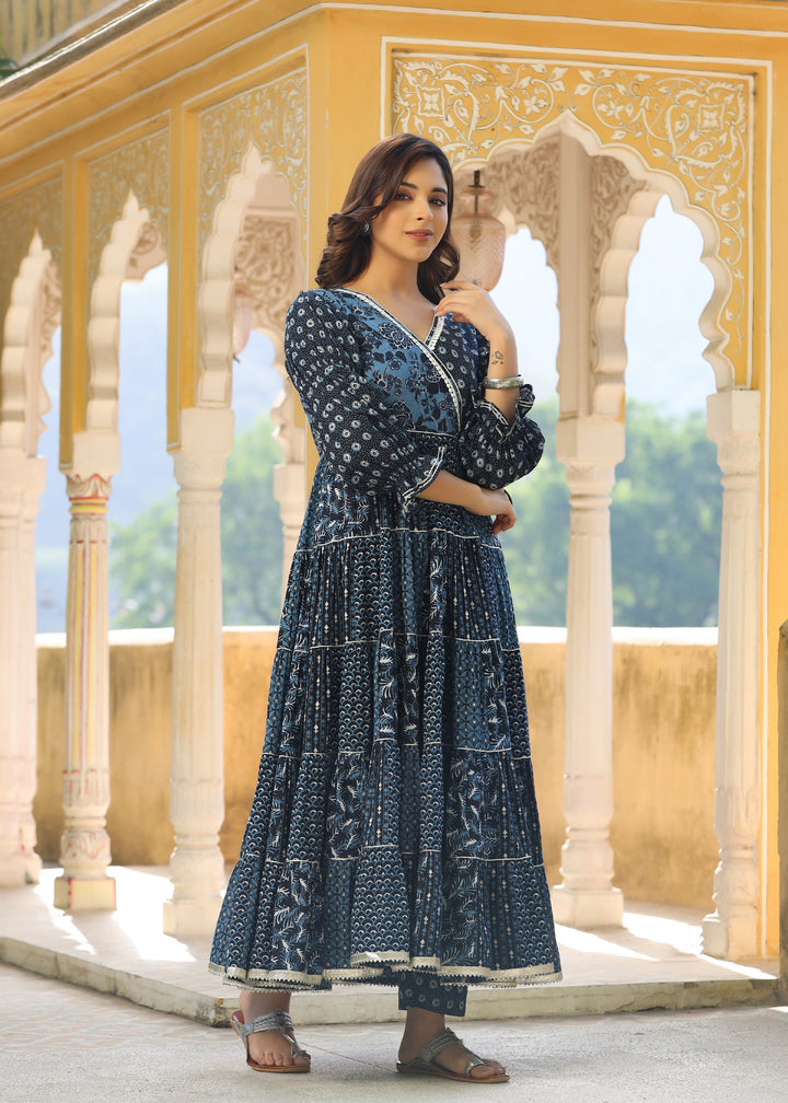 Navya  Printed Blue Angrakha Tiered Kurta With pant