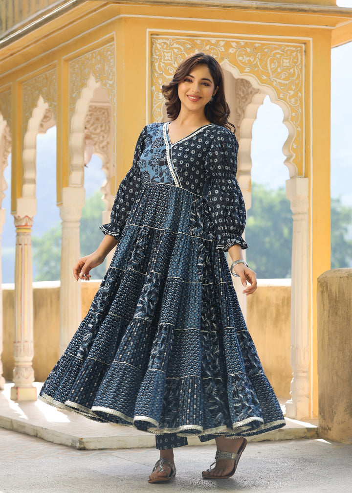 Navya  Printed Blue Angrakha Tiered Kurta With pant