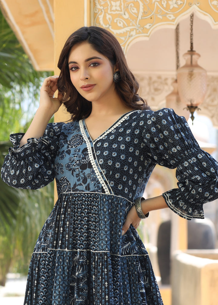 Navya  Printed Blue Angrakha Tiered Kurta With pant