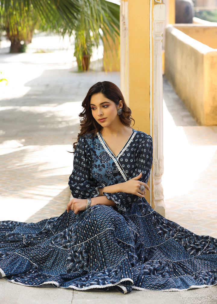 Navya  Printed Blue Angrakha Tiered Kurta With pant