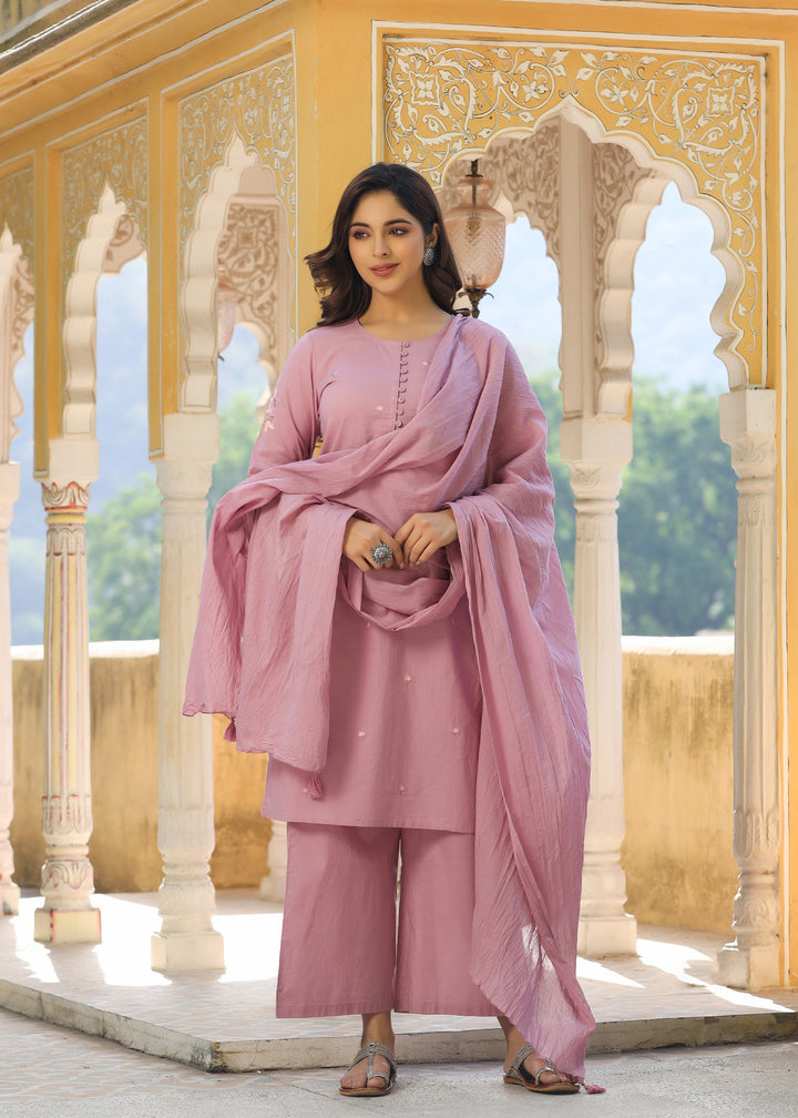 Tashi Mauve Embroidered straight Kurta With Pant & Dupatta