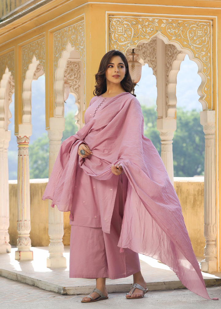 Tashi Mauve Embroidered straight Kurta With Pant & Dupatta