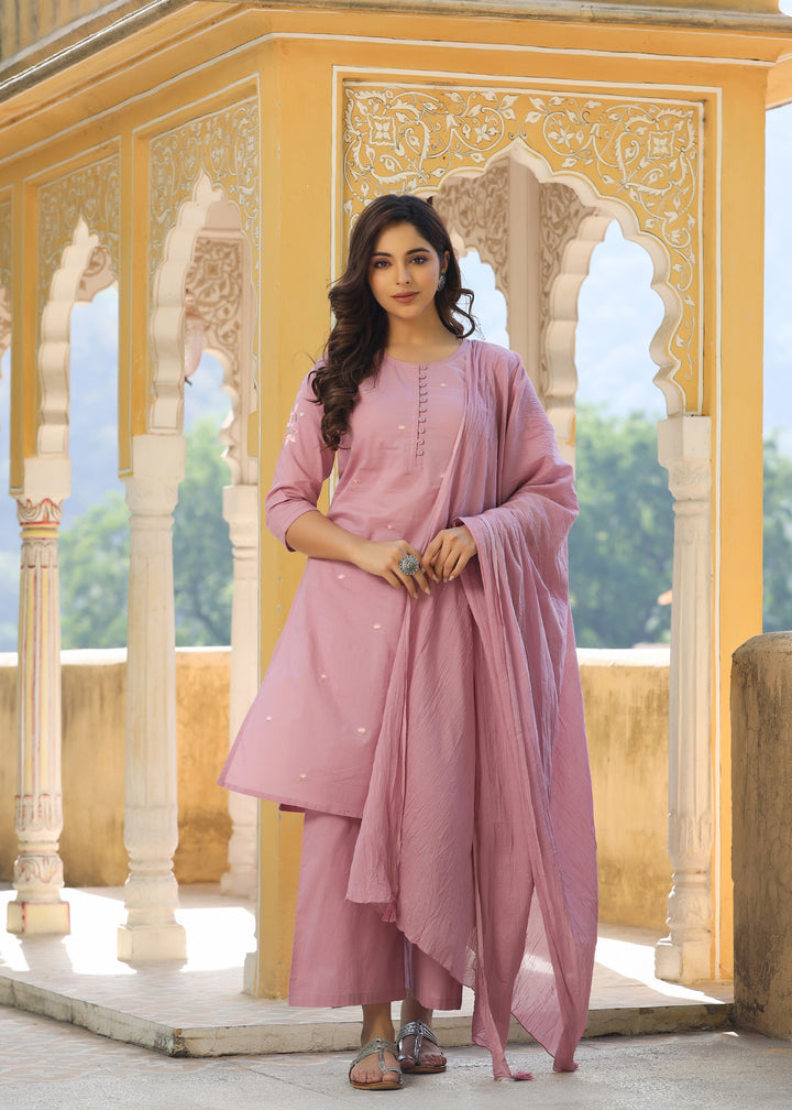 Tashi Mauve Embroidered straight Kurta With Pant & Dupatta