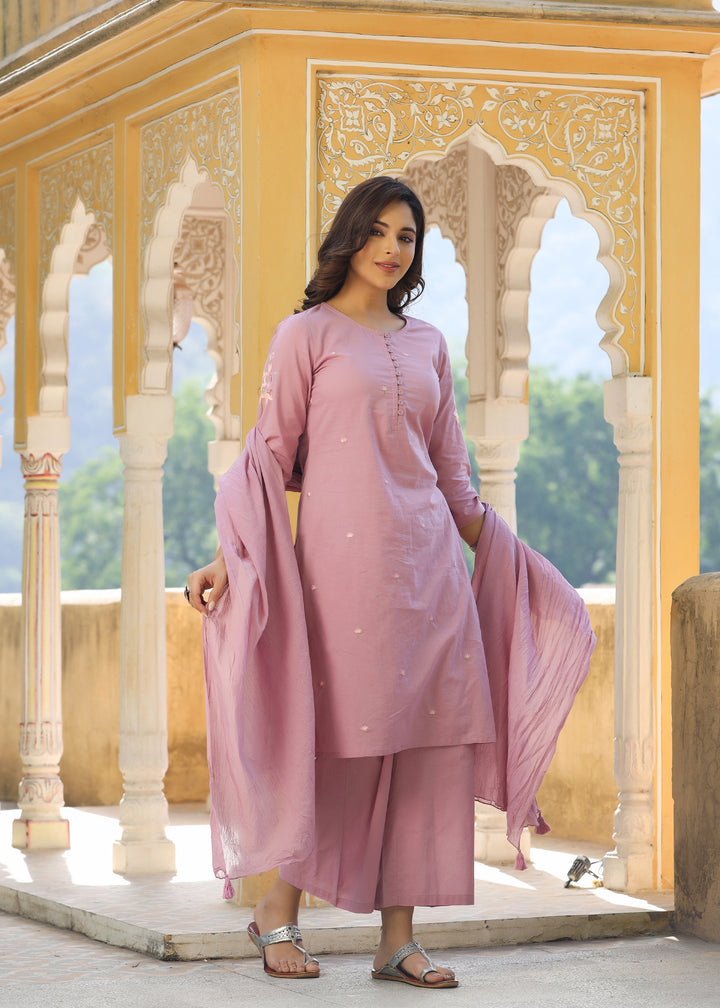 Tashi Mauve Embroidered straight Kurta With Pant & Dupatta