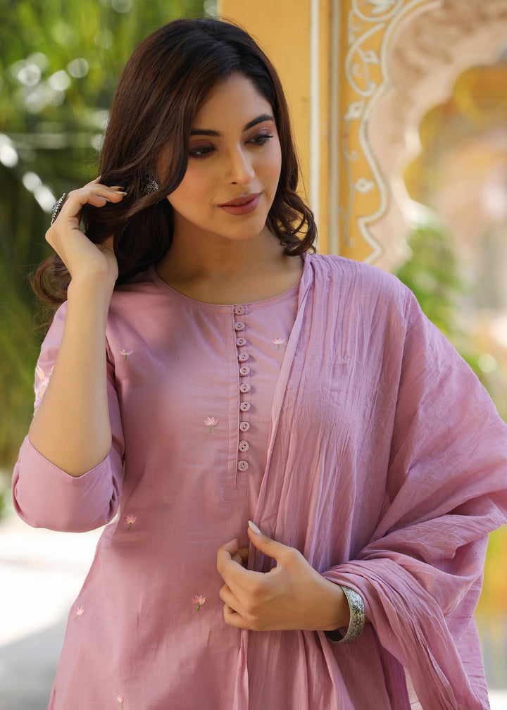 Tashi Mauve Embroidered straight Kurta With Pant & Dupatta