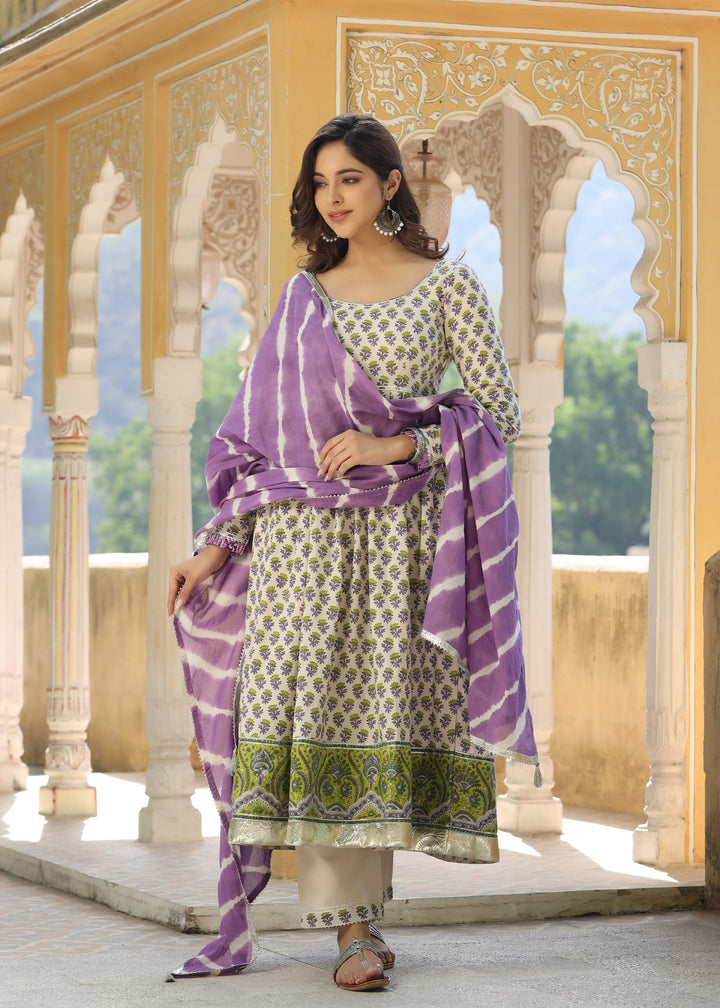 Barkha Block Printed Lavender Anarkali  Kurta With pant & Dupatta