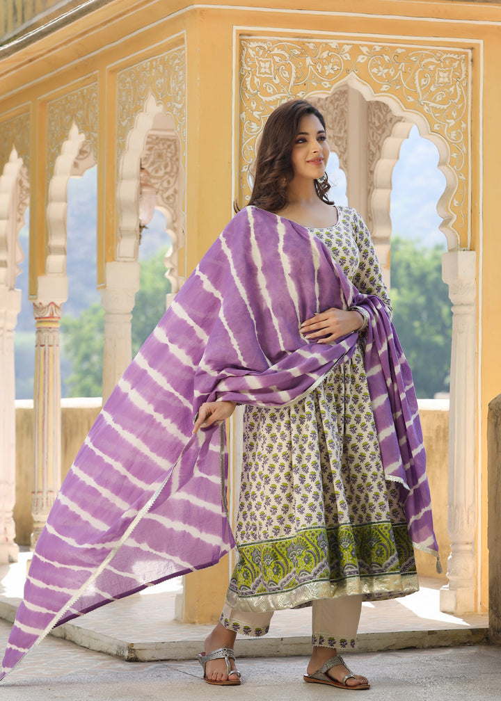 Barkha Block Printed Lavender Anarkali  Kurta With pant & Dupatta