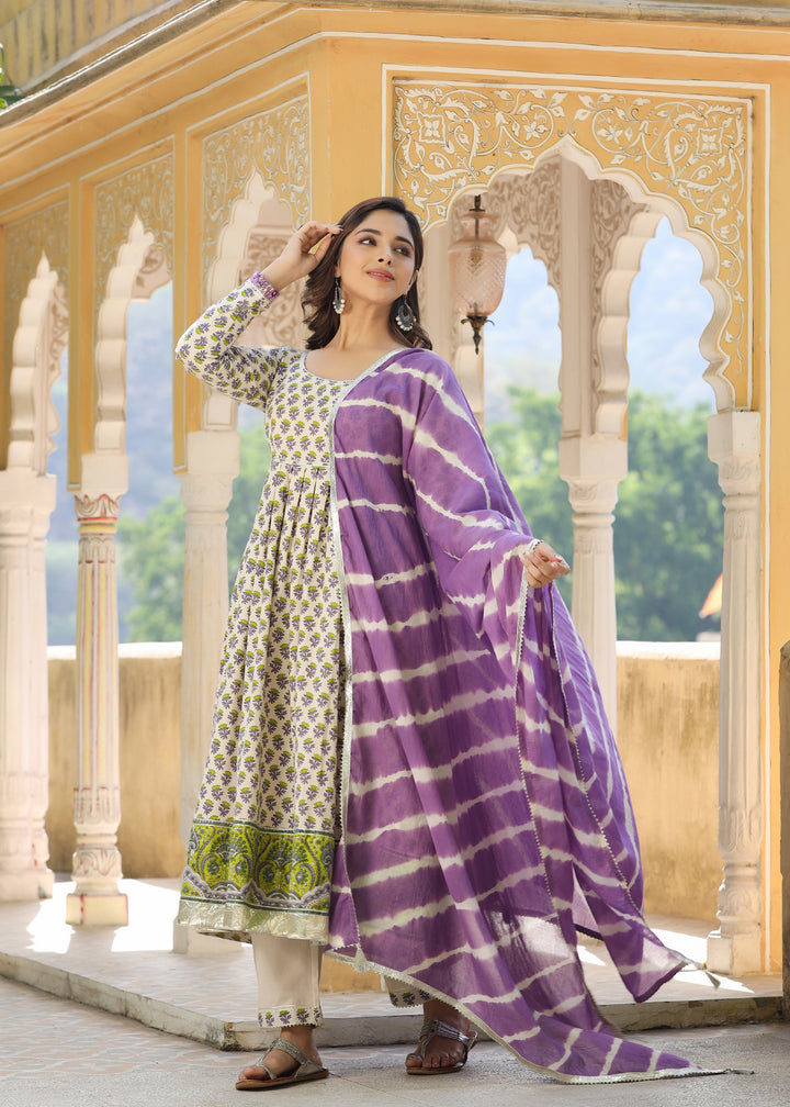 Barkha Block Printed Lavender Anarkali  Kurta With pant & Dupatta