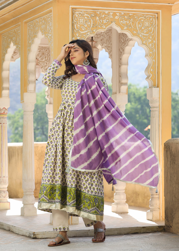 Barkha Block Printed Lavender Anarkali  Kurta With pant & Dupatta