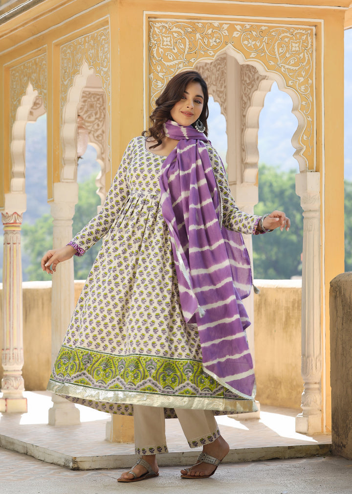 Barkha Block Printed Lavender Anarkali  Kurta With pant & Dupatta