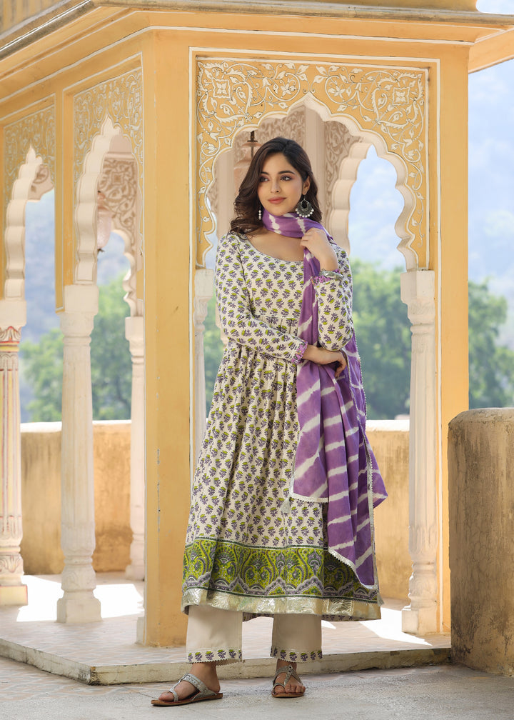 Barkha Block Printed Lavender Anarkali  Kurta With pant & Dupatta