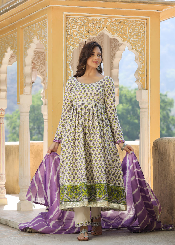 Barkha Block Printed Lavender Anarkali  Kurta With pant & Dupatta