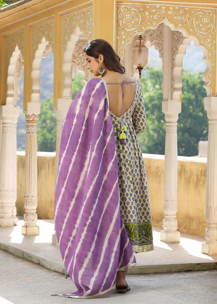 Barkha Block Printed Lavender Anarkali  Kurta With pant & Dupatta