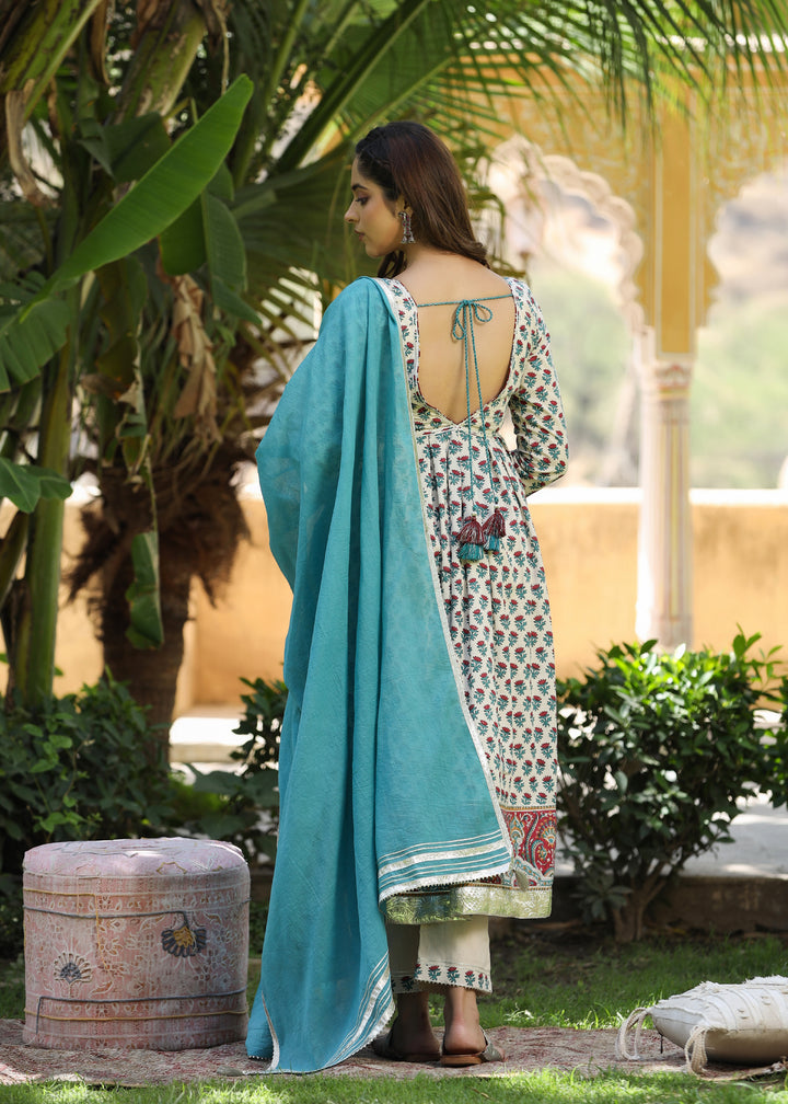 Chhavi Block Printed Turquoise Anarkali Kurta With pant & Dupatta