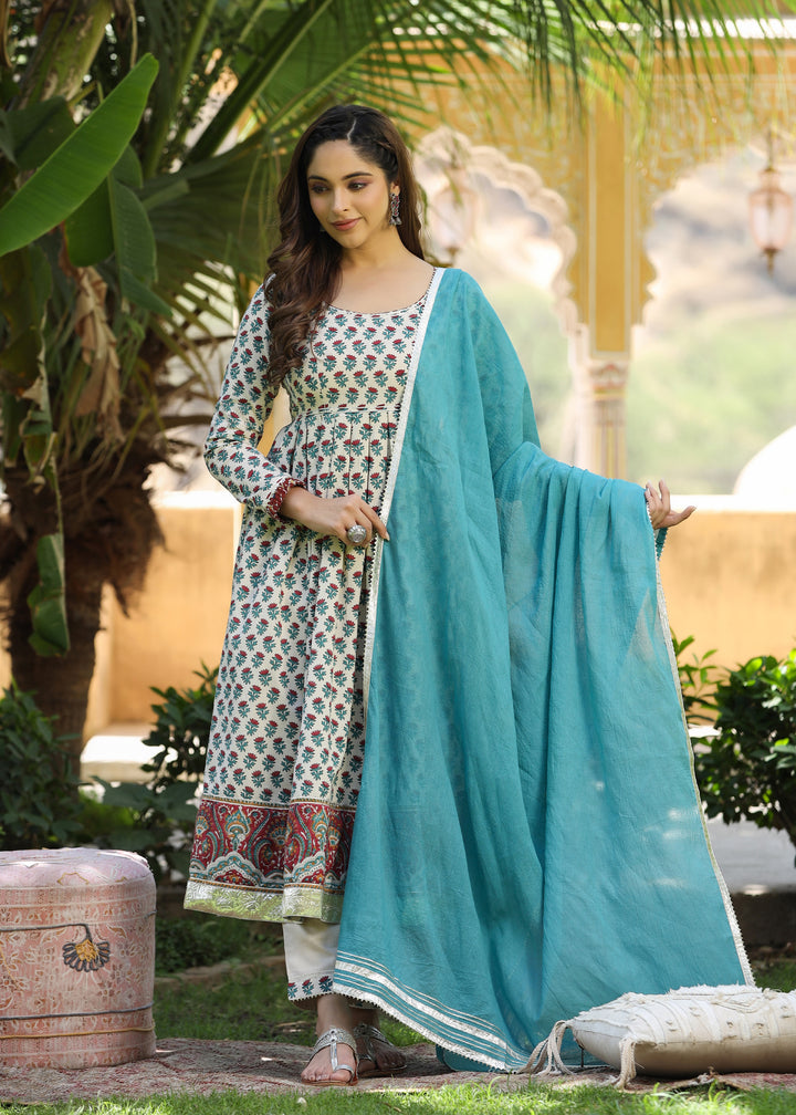 Chhavi Block Printed Turquoise Anarkali Kurta With pant & Dupatta