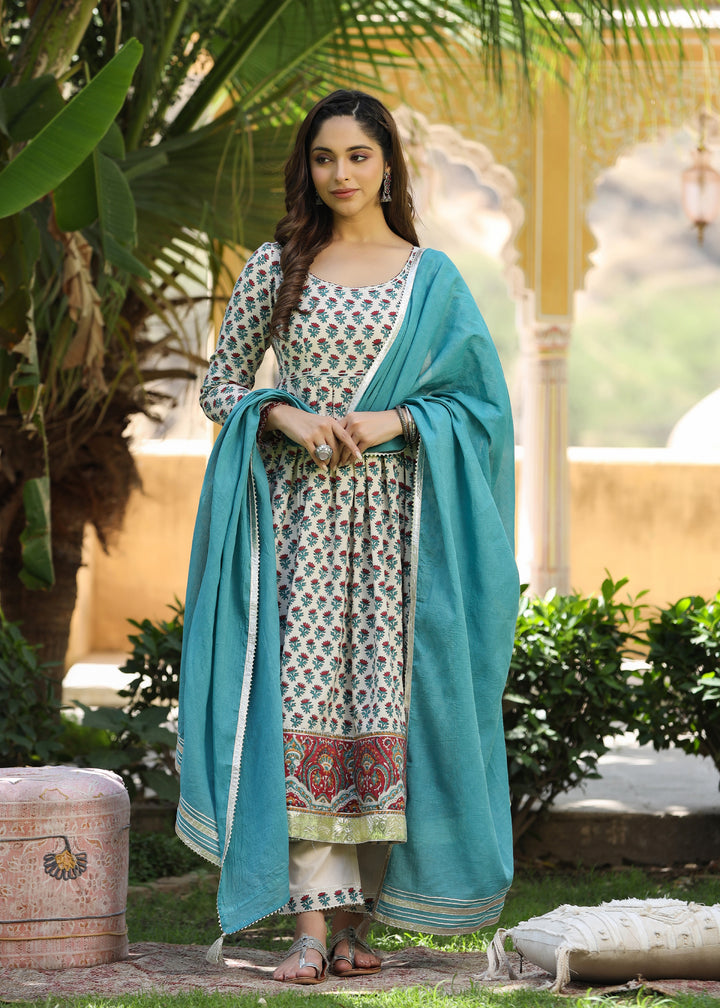 Chhavi Block Printed Turquoise Anarkali Kurta With pant & Dupatta