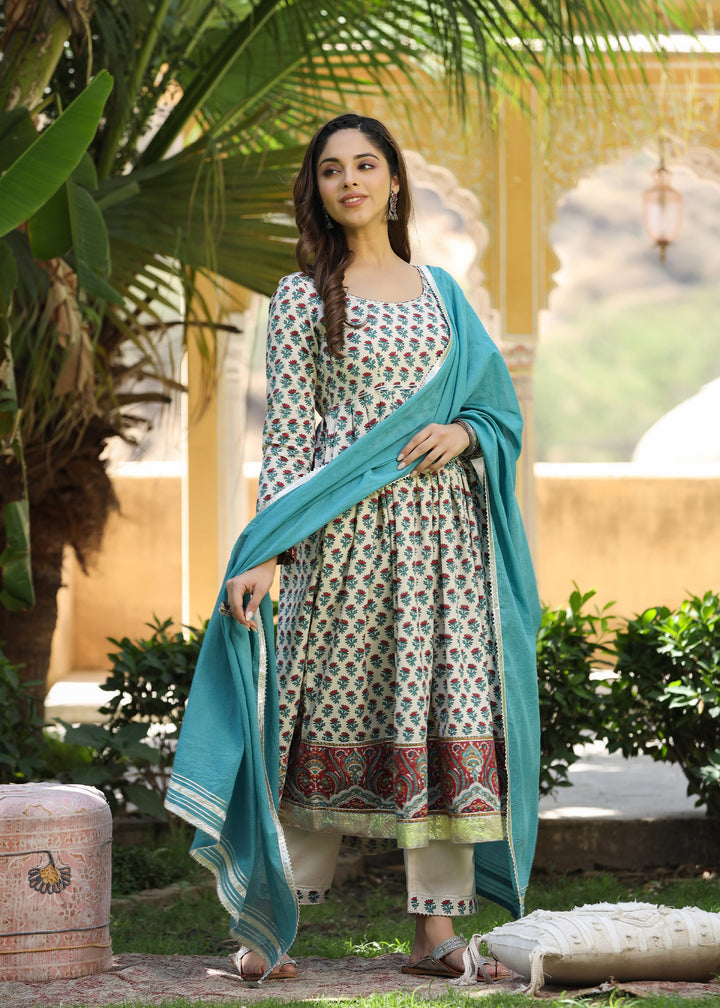 Chhavi Block Printed Turquoise Anarkali Kurta With pant & Dupatta