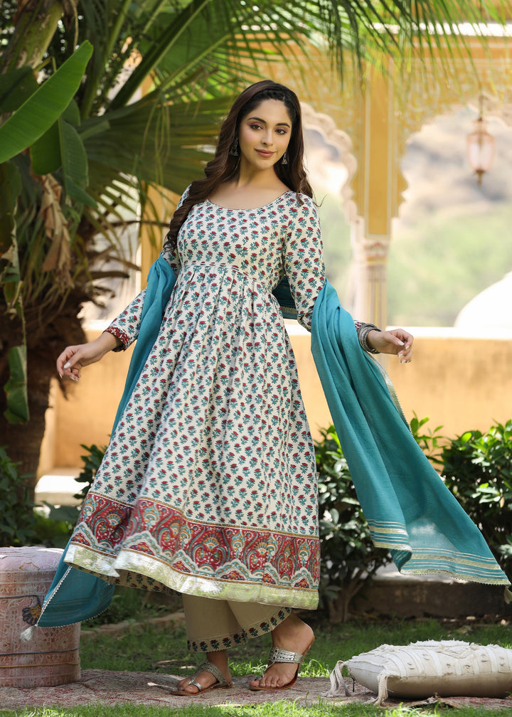 Chhavi Block Printed Turquoise Anarkali Kurta With pant & Dupatta