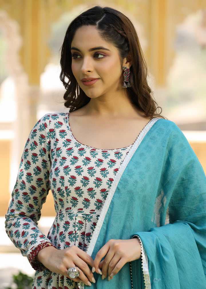 Chhavi Block Printed Turquoise Anarkali Kurta With pant & Dupatta