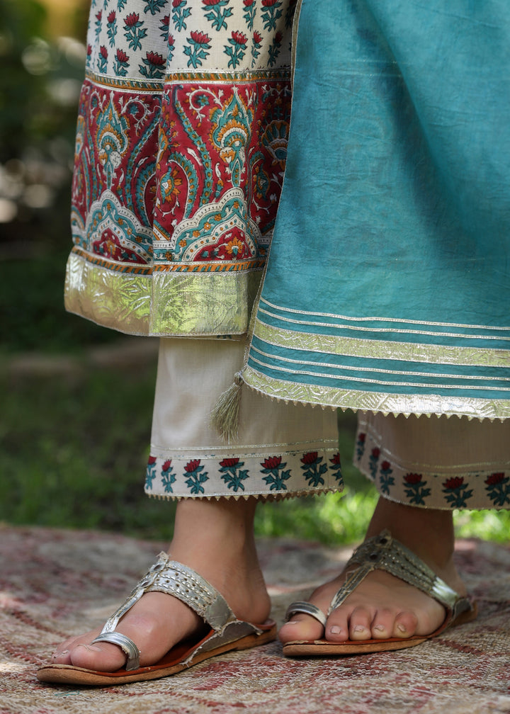 Chhavi Block Printed Turquoise Anarkali Kurta With pant & Dupatta