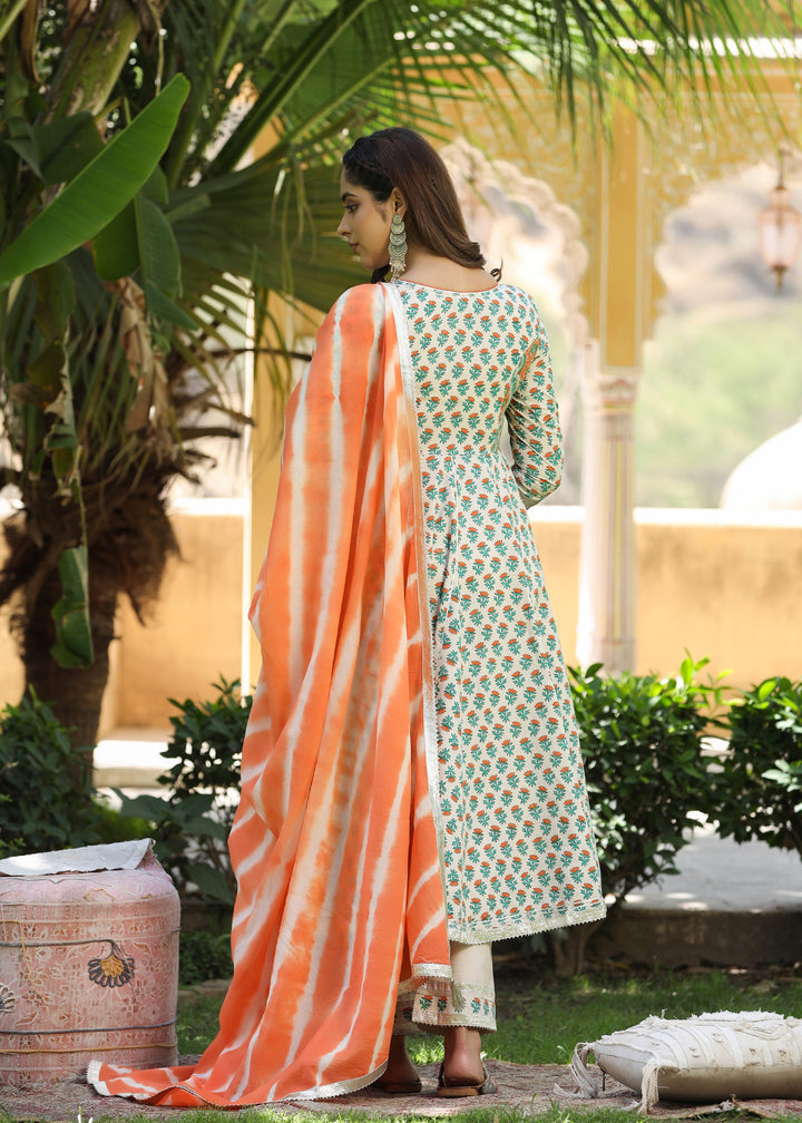 Kesariya Block Printed Orange Anarkali  Kurta With pant & Dupatta