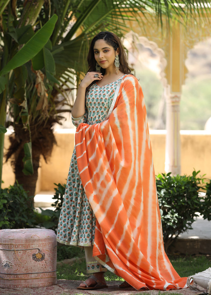 Kesariya Block Printed Orange Anarkali  Kurta With pant & Dupatta