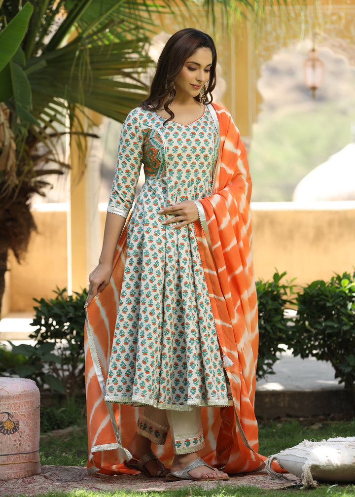 Kesariya Block Printed Orange Anarkali  Kurta With pant & Dupatta