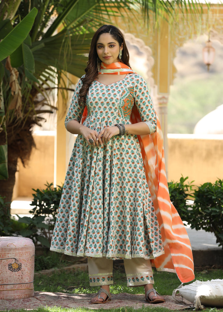 Kesariya Block Printed Orange Anarkali  Kurta With pant & Dupatta