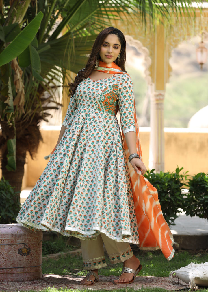 Kesariya Block Printed Orange Anarkali  Kurta With pant & Dupatta