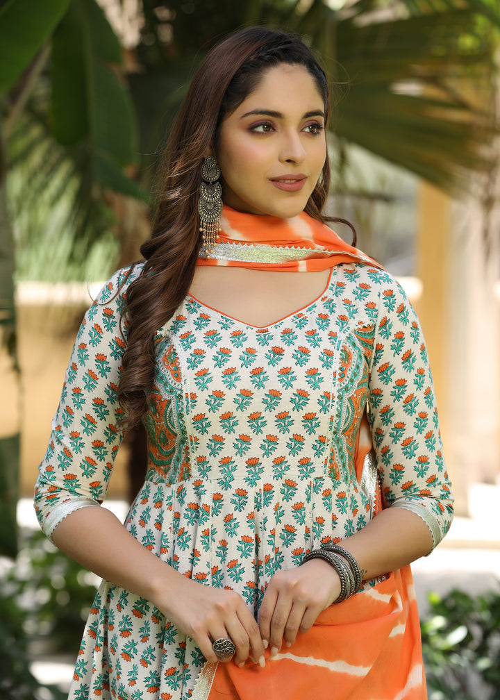 Kesariya Block Printed Orange Anarkali  Kurta With pant & Dupatta