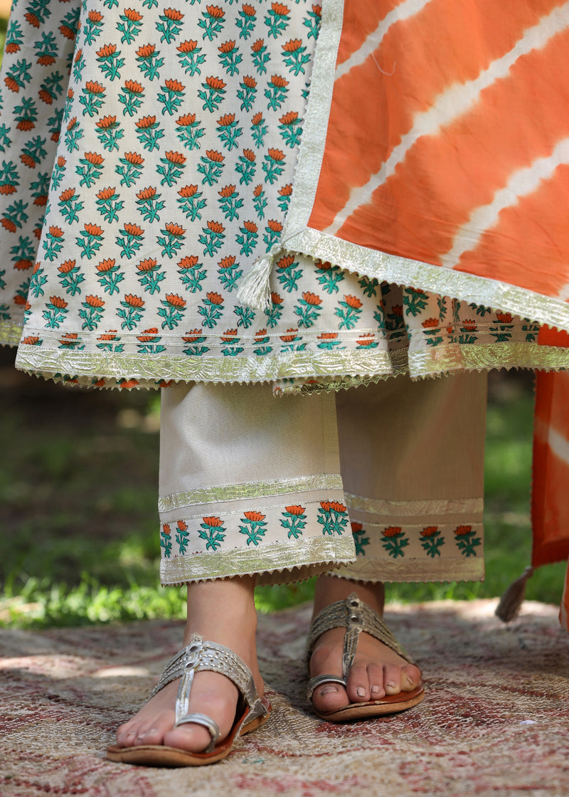 Kesariya Block Printed Orange Anarkali  Kurta With pant & Dupatta