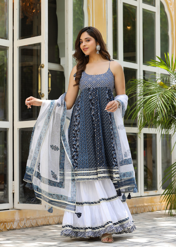 Livie Printed Blue Sleeveless Flared Kurti With Sharara & Dupatta