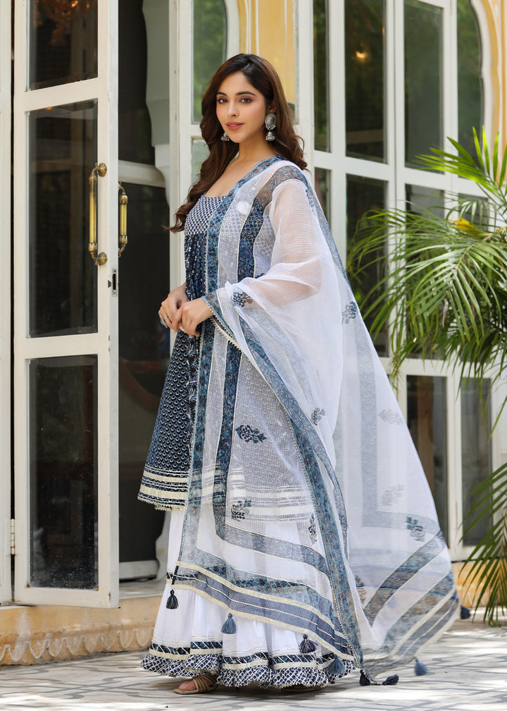 Livie Printed Blue Sleeveless Flared Kurti With Sharara & Dupatta