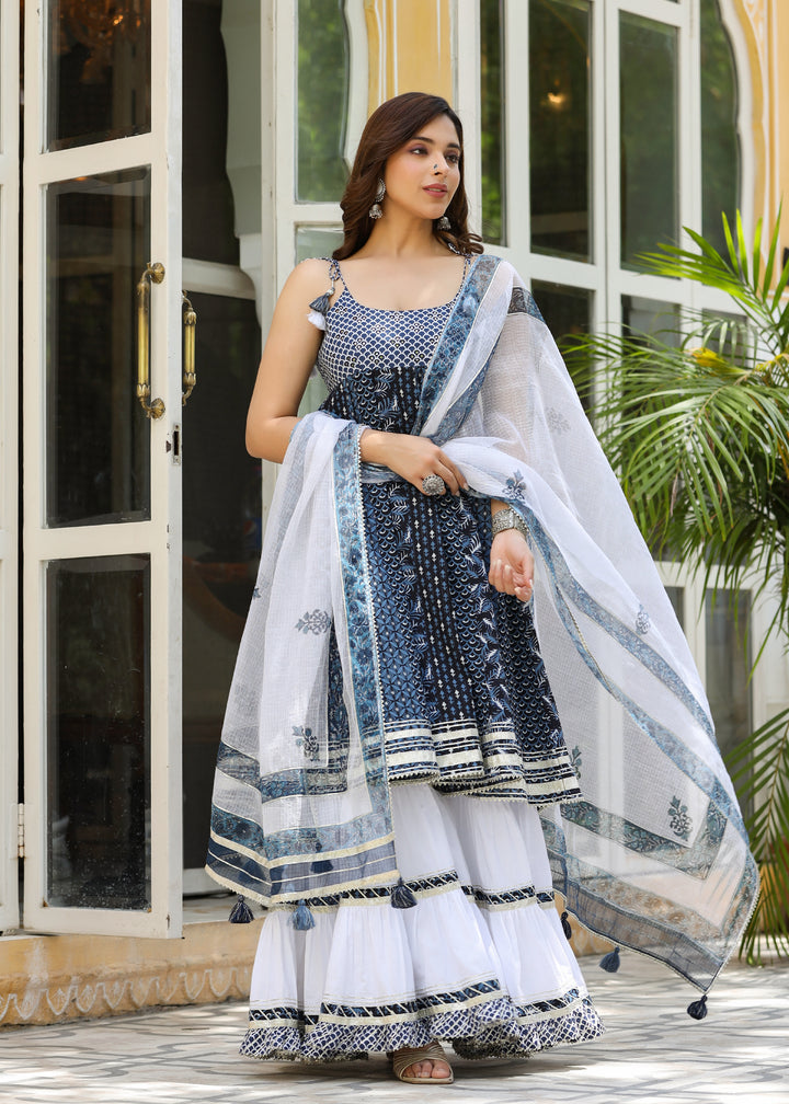 Livie Printed Blue Sleeveless Flared Kurti With Sharara & Dupatta