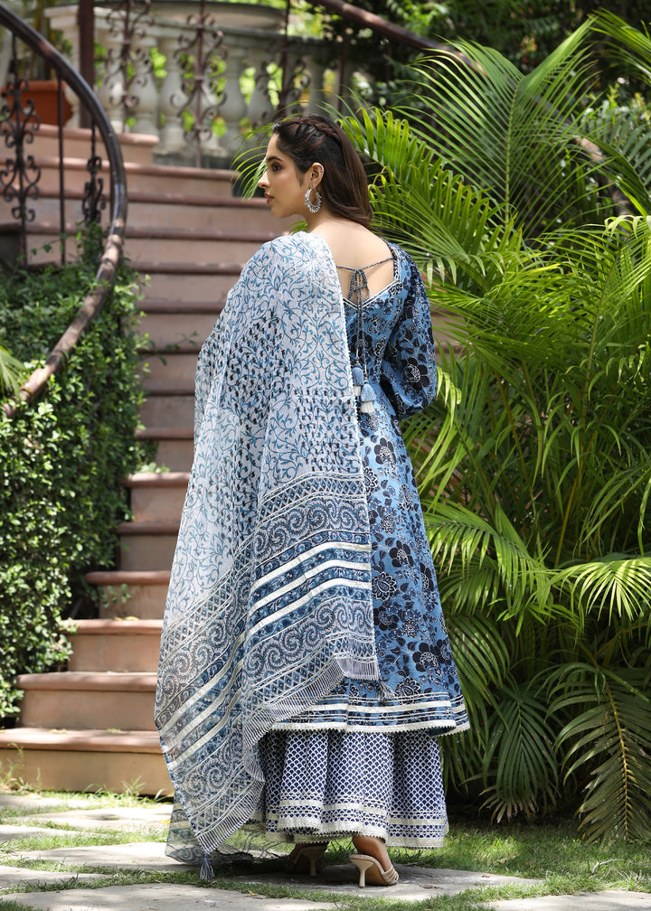 Neerja  Printed Blue Layered Dress with Dupatta